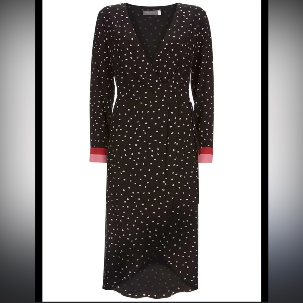 Polka Dot Wrap Midi Dress with Pink Cuff